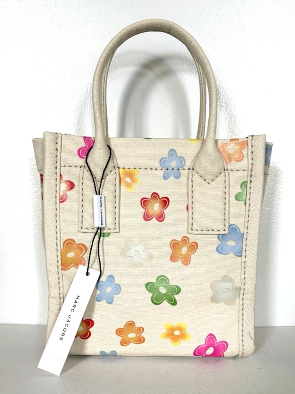 New Marc Jacobs Cotton Canvas Graphic Sticker-Print Small Tote White Multi